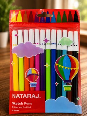 Pack of 12 NATARaj sketch pens in a red wrapper with colorful caps and balloon stickers on a wooden surface.