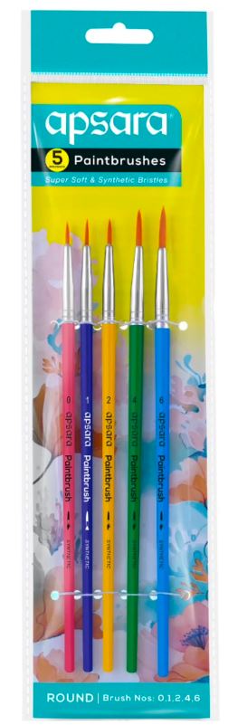Pack of five round-tip paintbrushes with color-coded handles in pink, purple, blue, green, and light blue, inside bright yellow/teal APSARA packaging.