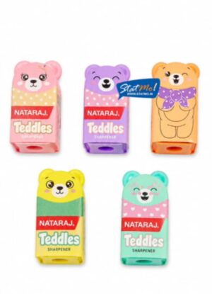 Set of five bear-shaped pencil sharpeners in pink, purple, orange, yellow, and teal with 'NATARAJ Teddles' branding on white background.