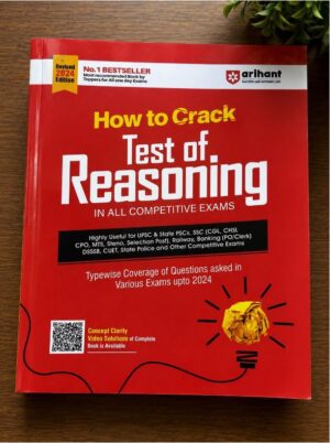 Red study guide cover titled 'How to Crack Test of Reasoning' for all competitive exams, a 2024 edition from Arihant, with a QR code and yellow highlight.