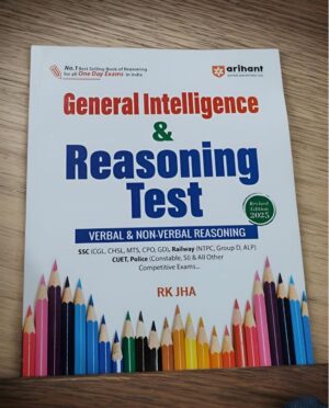 Cover of a General Intelligence & Reasoning Test book with colorful pencils along the bottom and a 'Revised Edition 2025' badge; author RK Jha is listed at center.