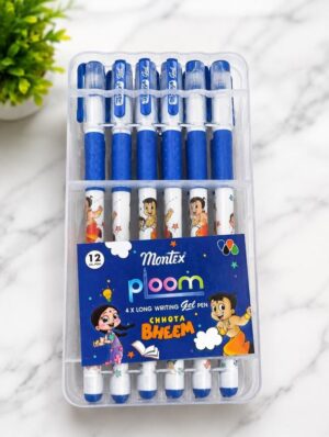 Montex Ploom 12-piece blue gel pen set in a clear plastic case with cartoon-wrapped pens for kids (Chhota Bheem).