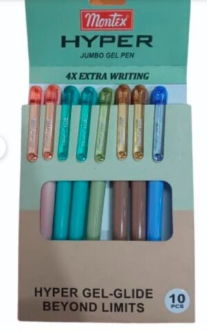 Montex Hyper Gel Pen set, 10 colorful gel pens in pastel hues displayed in a box with '4X Extra Writing' label.