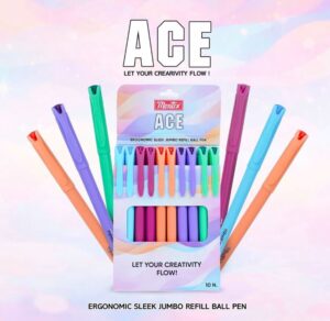Pastel ACE ergonomic jumbo refill ball pen set in a decorative box, with 'Let your creativity flow' slogan