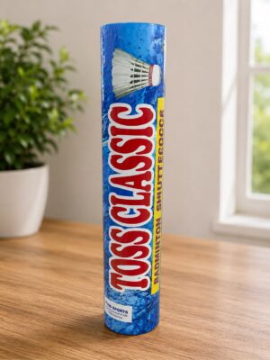 Blue cylinder packaging for badminton shuttlecock on a wooden table, with a potted plant and window in the background.