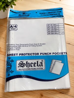 Packaging for Sheela sheet protector punch pockets (A4 size) with blue design and size list on packaging.