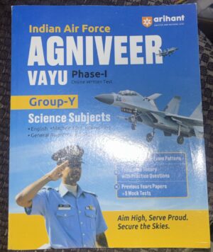 Blue India Air Force Agniveer Vayu Group-Y Science Subjects book cover with fighter jet artwork and a cadet saluting the sky image