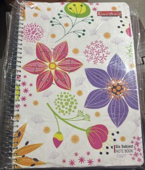Spiral-bound notebook with a colorful floral cover featuring large pink, purple, and orange flowers.