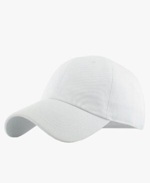 White baseball cap with a curved brim on a light background