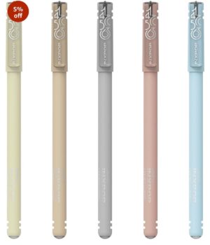 Five pastel-colored pens arranged in a row with a red '5% off' badge nearby.