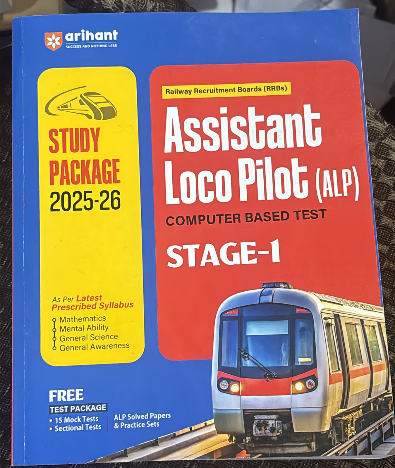 Cover of Arihant study package for Railways Assistant Loco Pilot Stage-1 (2025-26) with a yellow 'Study Package' panel and a train image on blue background.