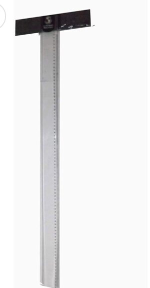 Tall vertical metal height measurement ruler with a dark horizontal crossbar at the top