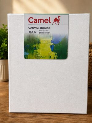 Label reads 'Camel Canvas Board 8 x 10' on a white textured box, with a colorful abstract painting at the bottom of the label.