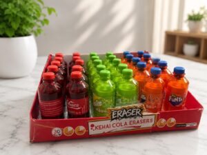 Red display tray holding rows of colorful eraser bottles (red, green, orange) on a marble countertop, labeled 'ERASER KEHAI COLA ERASERS'