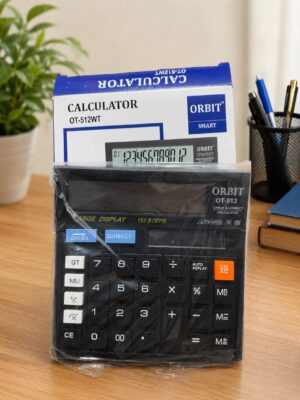 Black Orbit OT-512 calculator in plastic wrap on a wooden desk with its packaging in the background labeled CALCULATOR and ORBIT SMART.