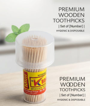 Dispenser of premium wooden toothpicks with mint leaves in the background; text on the image reads 'Premium Wooden Toothpicks' and 'Hygienic & Disposable'.