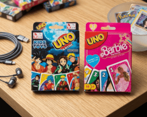 Two UNO card game packs, Anime and Barbie The Movie, on a wooden table with headphones and a USB cable nearby.