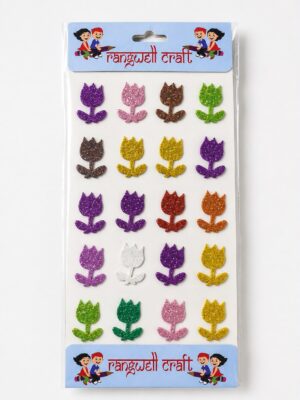 Sheet of glittery tulip flower stickers in multiple colors on a white backing, labeled Rangwell Craft at top and bottom.