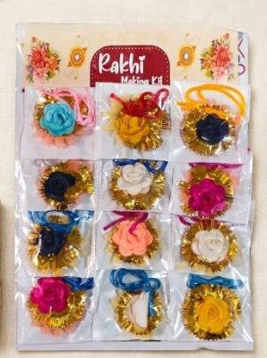 Decorative rakhis in clear packaging, arranged in a 3x4 grid with colorful fabric flowers and gold foil trim; packaging reads 'Rakhi Making Kit'.