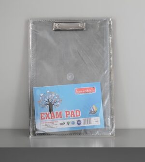 Metal exam pad clipboard wrapped in plastic, leaning against a light wall on a shelf with a blue EXAM PAD label.
