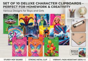 Set of 10 colorful character-themed clipboards for homework and creativity on sturdy boards.